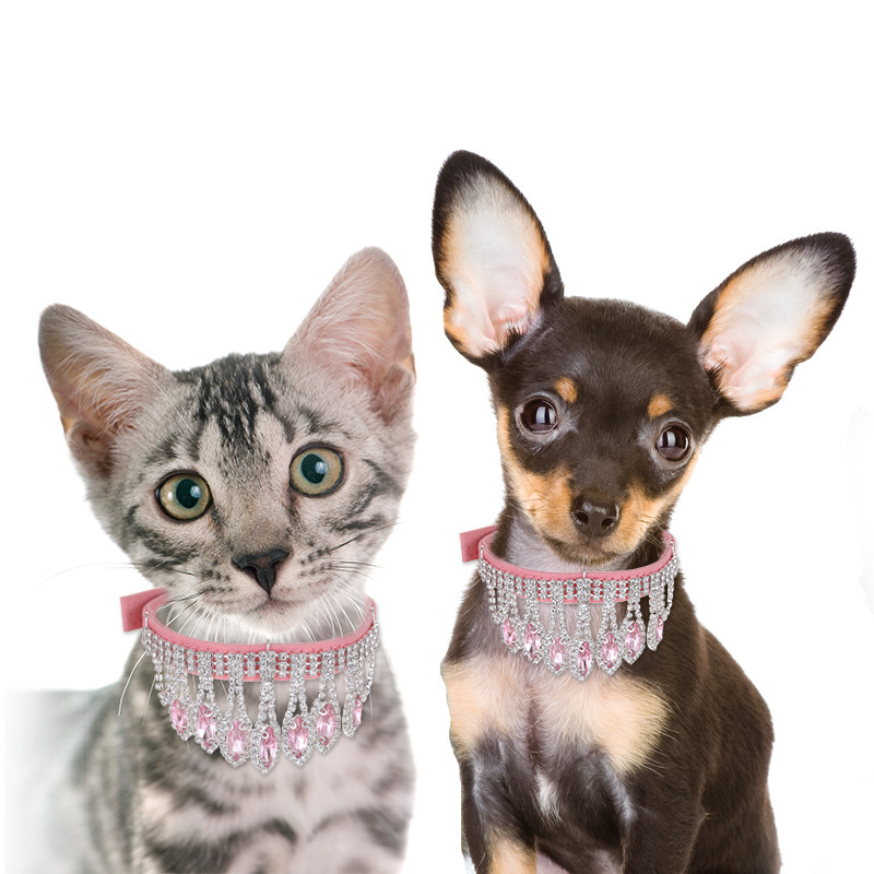 Pink diamond-encrusted tassel pet collar, universal cat and dog accessories, pet accessories, bell, pet necklace supplies details Picture