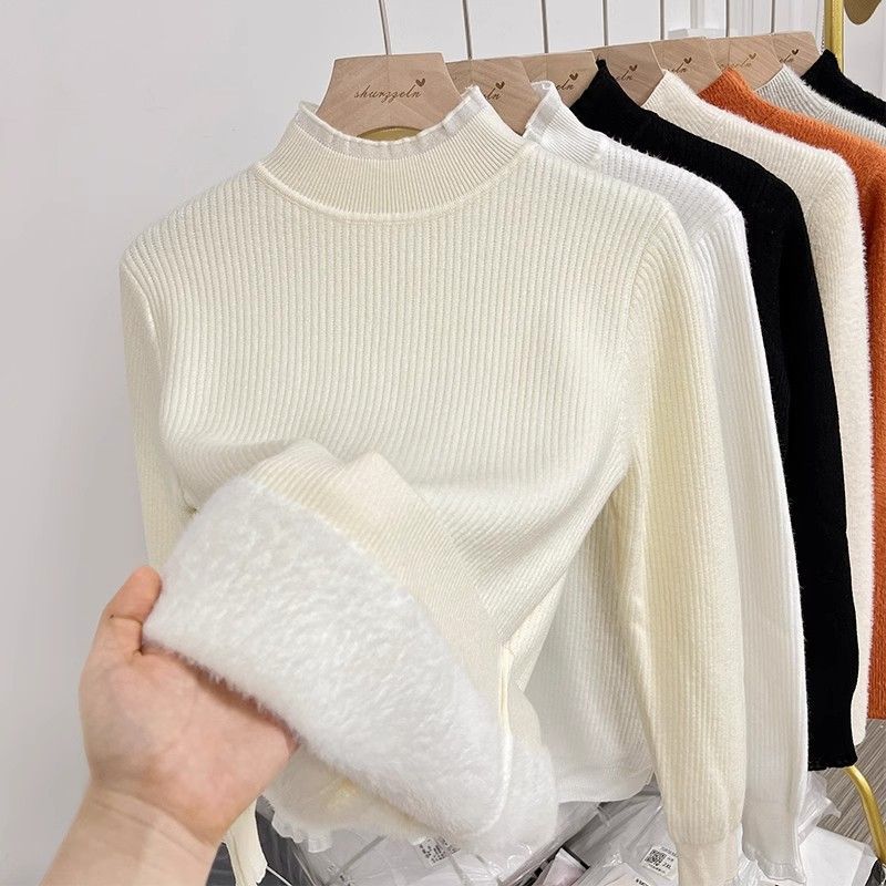 Autumn and winter semi-high neck with fleece lace one-piece fleece thickening 2024 new style black fungus knitted sweater base top sweater for women Item Picture