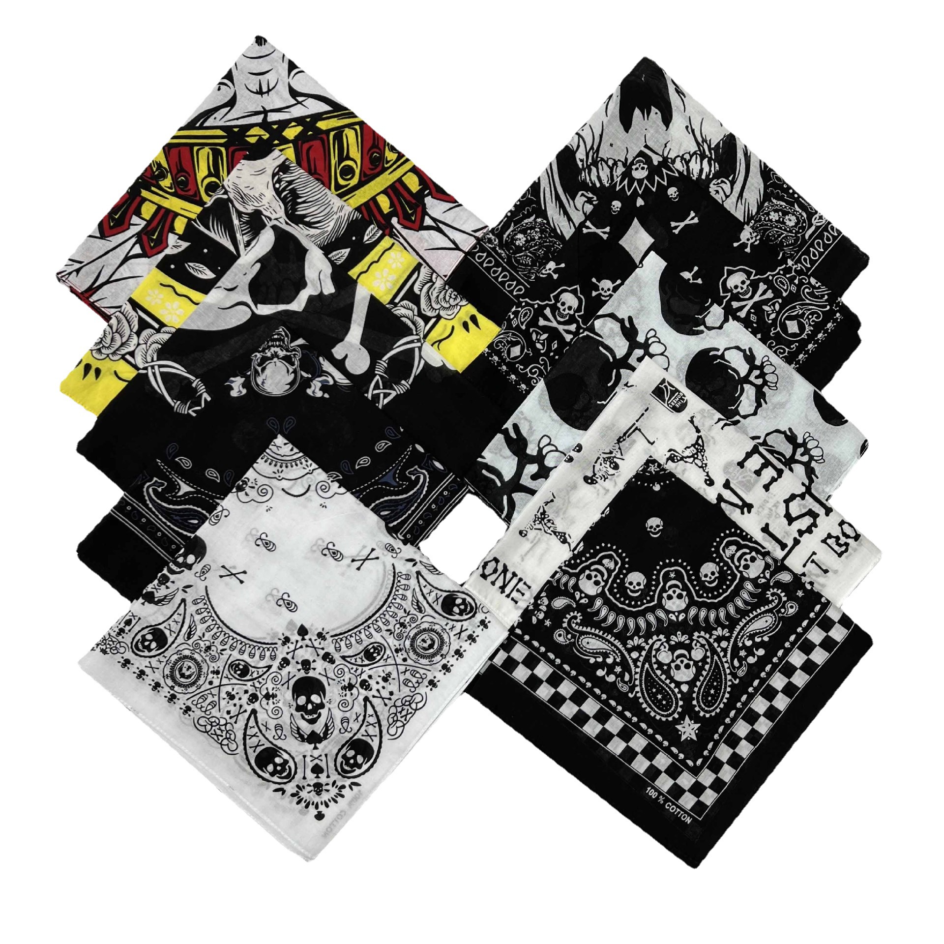 Cross-border pure cotton headscarf, hiphop, hip-hop street dance, popular small square scarf, flame skull head, big ghost head in stock