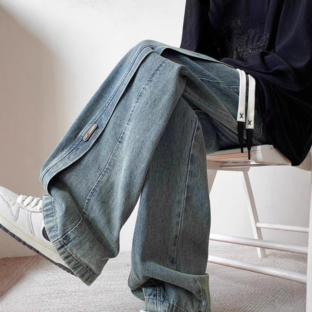 Men's autumn American high street washed jeans, plus-size trendy brand loose straight-leg men's wide-leg pants Application Scenario