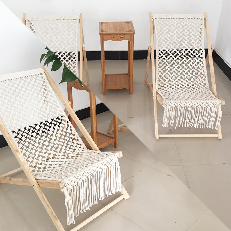 Outdoor camping folding chair, hand-woven cotton rope, European pine wood lounge chair, detachable and washable, living room, midday rest with tassels Specification image
