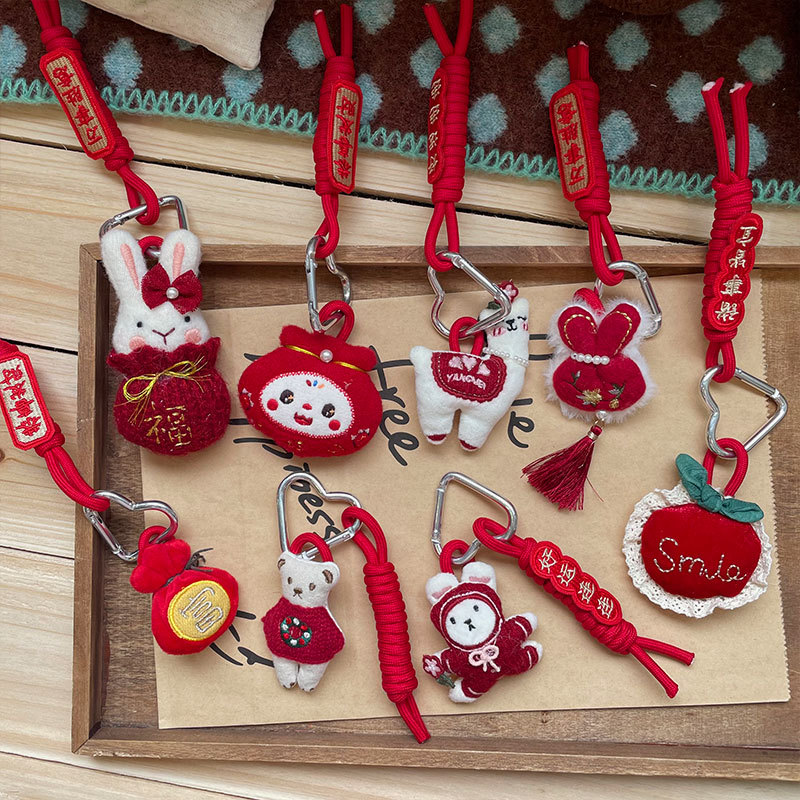 New Korean-style red cute plush keychain children's cotton stuffed cartoon bear and rabbit cute accessory pendant