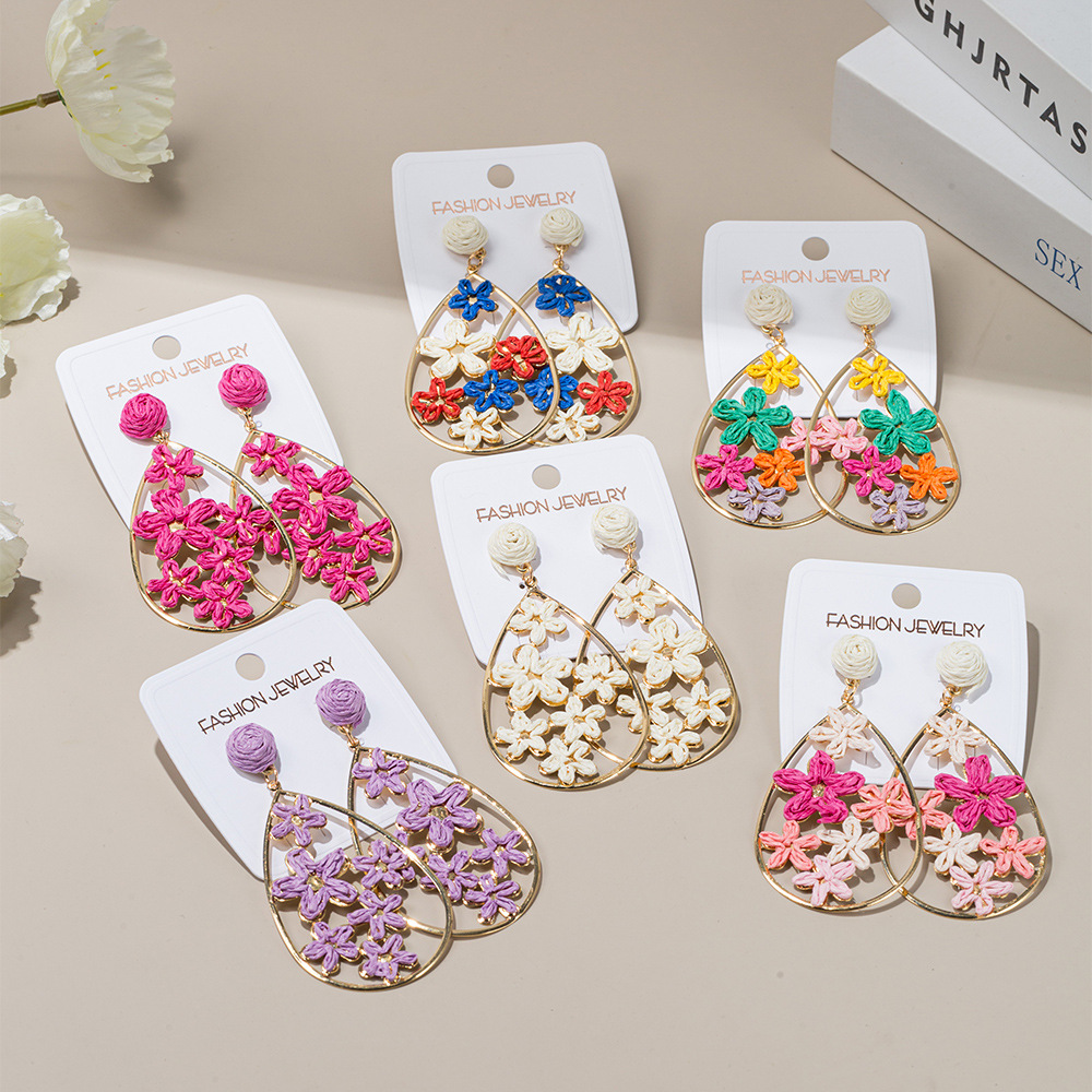 多款式各色拉菲草手工编织耳环个性简约夸张大耳环度假风耳饰批发