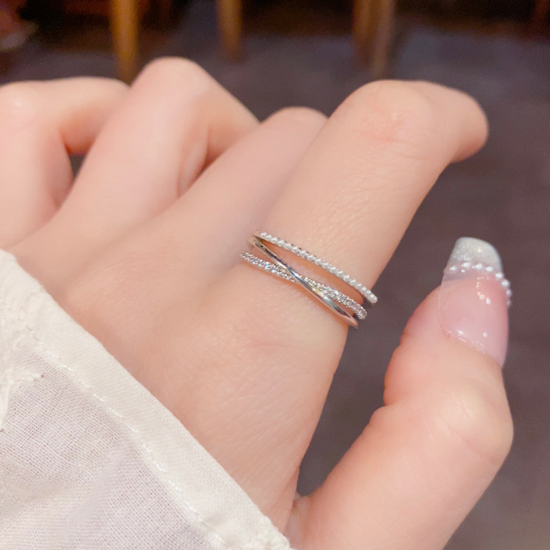 Summer new minimalist design, pearl and diamond double-layer cross ring, personalized, light luxury, versatile open ring wholesale