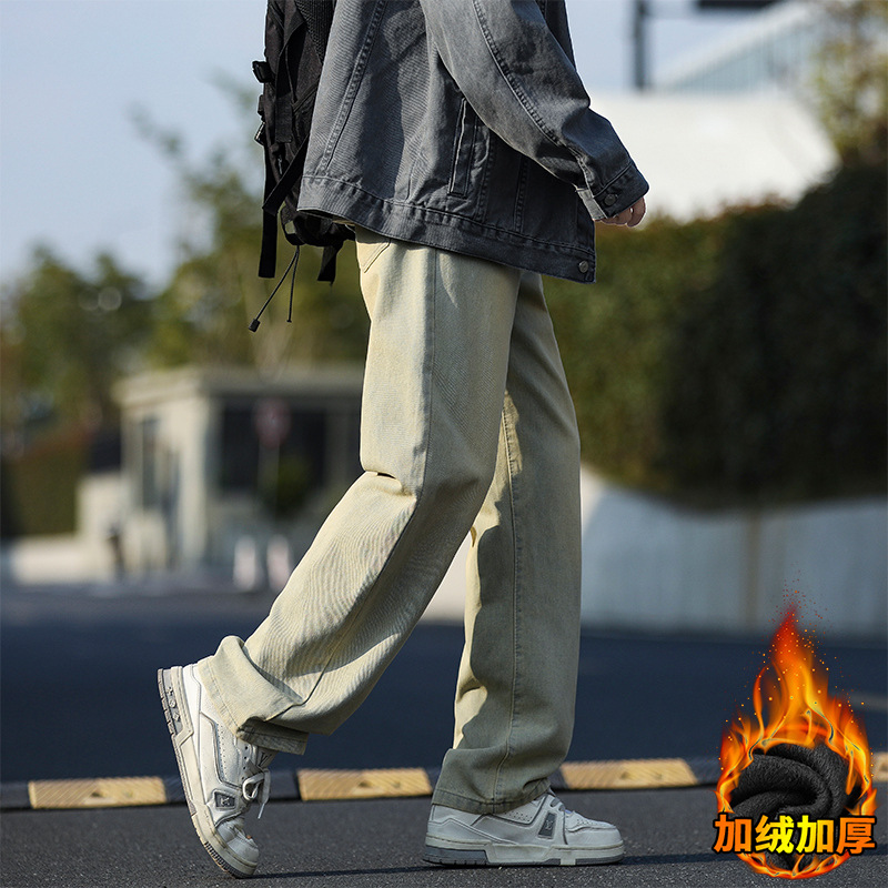 Retro washed jeans for men's winter fashion brand vibe loose straight-leg pants with fleece wide-leg casual trousers Application Scenario