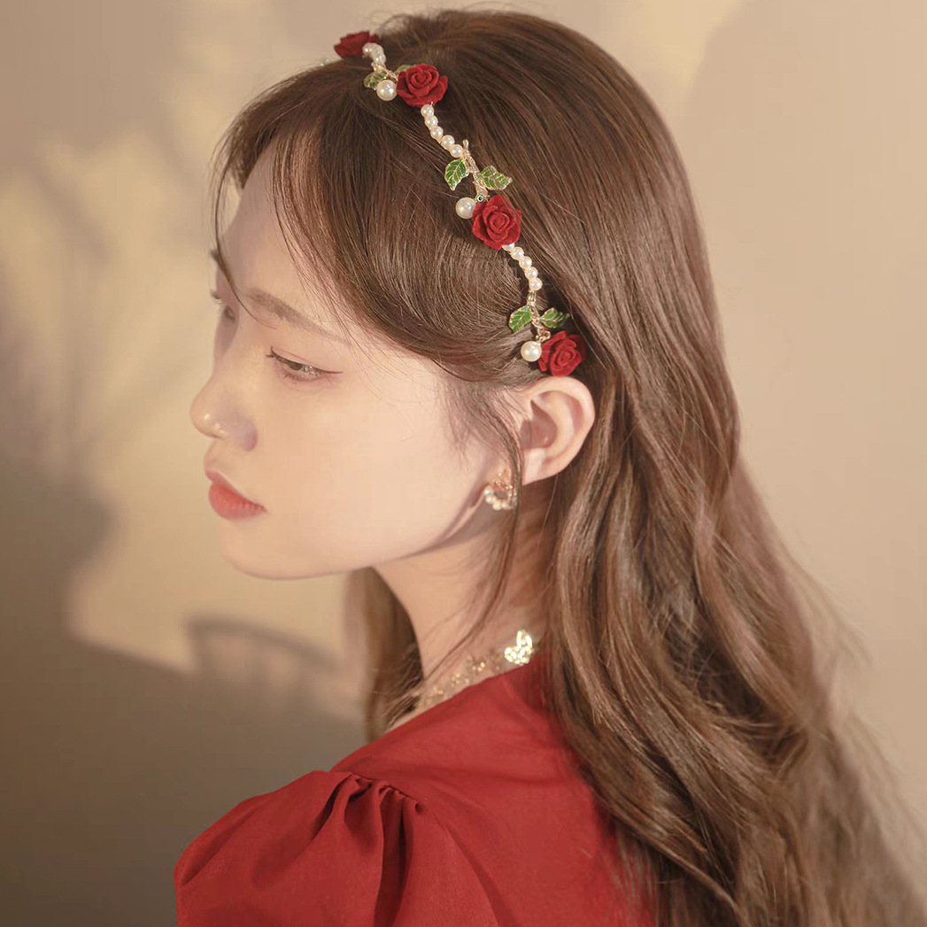 Pearl hair band, a new versatile, elegant, simple rose and high-end hair accessory headband for female Internet celebrities details Picture