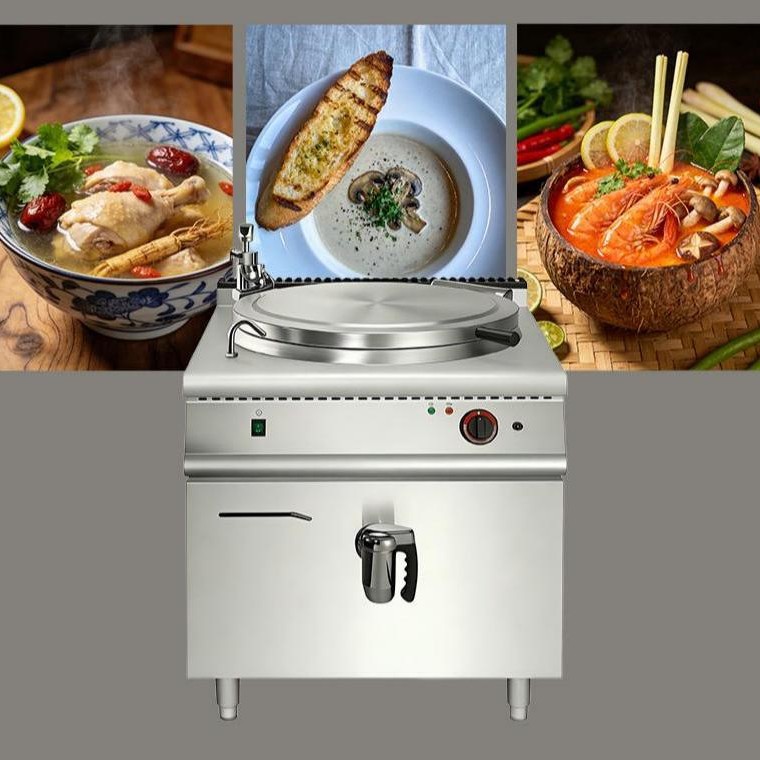 Commercial stainless steel electric tilting wok for export, with increased capacity, energy saving, effortless stir-frying, essential for cooking Application Scenario