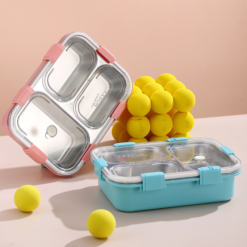 Simple packaging three-compartment stainless steel Japanese-style lunch box without color box, compartments PP fork and spoon office lunch box details Picture