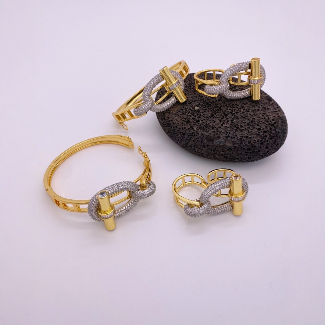 Cross-border new horizontal bar ot series ring and bracelet set, pig nose light luxury copper inlaid zircon bracelet ring