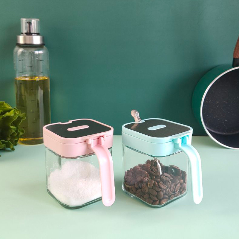 VELEKA不锈钢调味罐玻璃调料罐翻盖带不锈钢勺调料盒调味瓶调料瓶