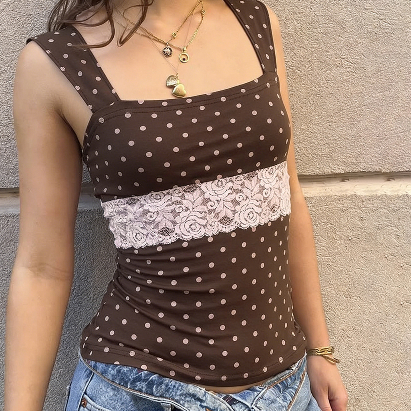 New summer women's wear: American retro polka dot print fitted vest, hot girl square neck sleeveless casual top vest full figure