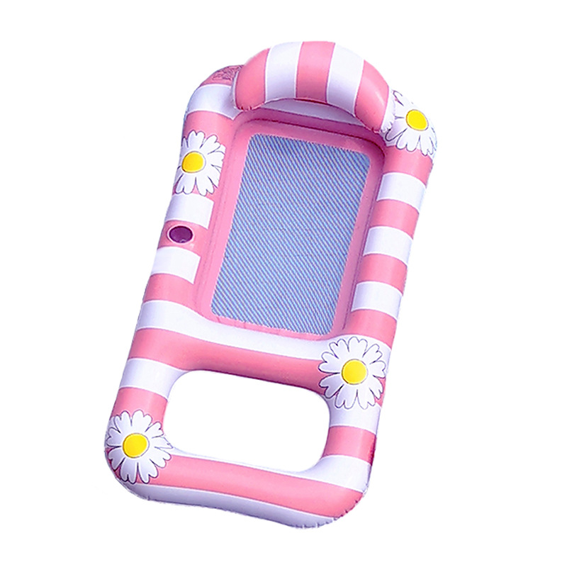 A water lounge chair with a retro striped floral print backrest that has become a popular adult, a floating bed with a cup of water and a drink Item Picture