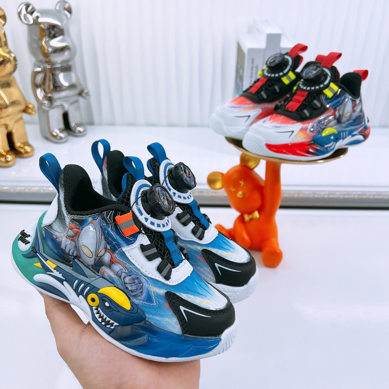 男童旋转纽扣运动鞋2025春季儿童鞋带灯发光鞋透气网面轻便软底