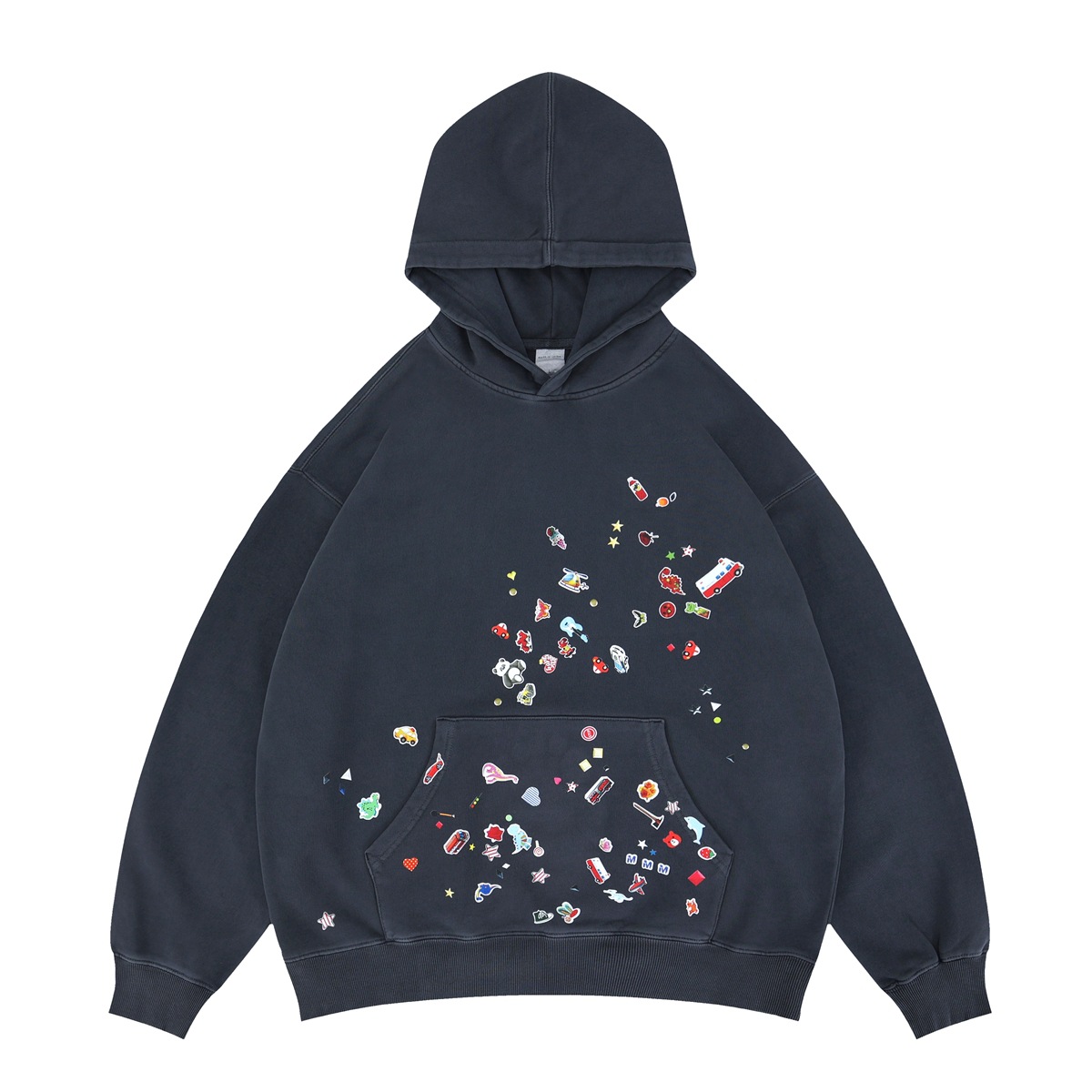Lanhai Men's Wear: 2025 Autumn/Winter New Trendy brand cartoon Fun stickers, childlike mouth, blue pattern dyed hooded sweatshirt for men Item Picture