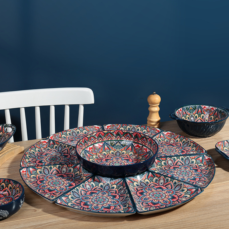 Bohemian-style tableware home set, high appearance level underglaze color tableware, bowl and plate wholesale, ceramic bowl and plate set Application Scenario