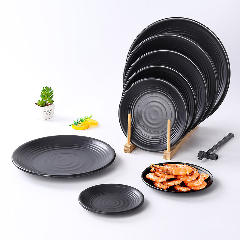 Melamine tableware, commercial black round plates, bar snack plates, restaurant plates, bone plates, vegetable plates, shallow plates, fast food, rice bowls with toppings Specification image