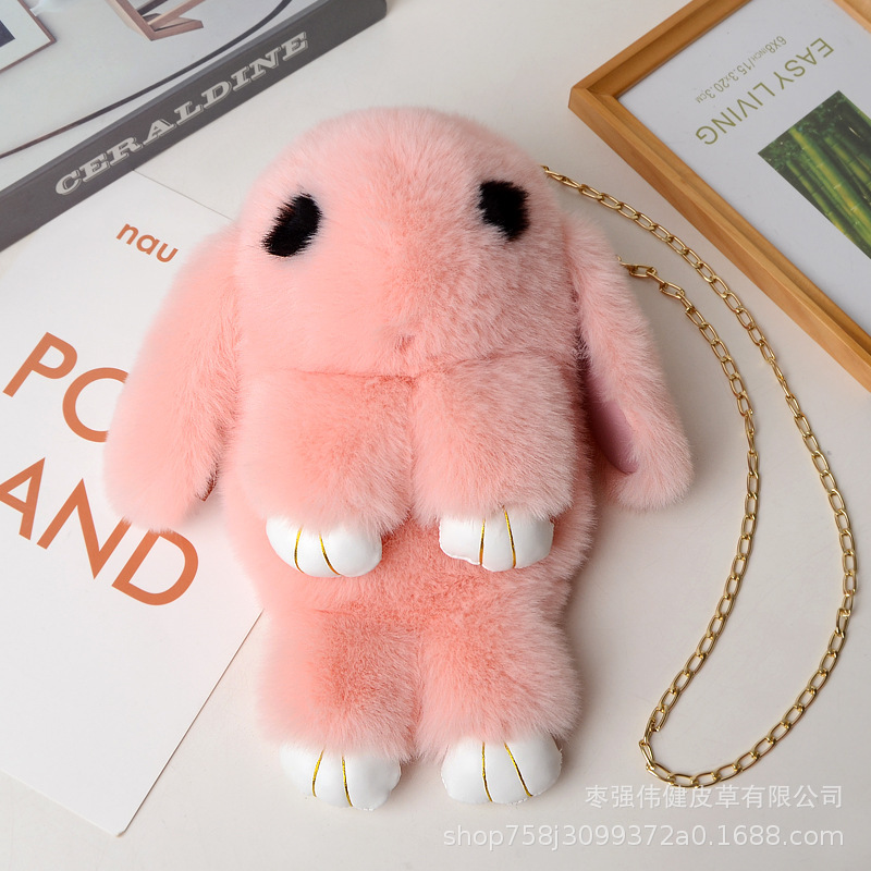 A plush chain rabbit bag for women, a single-shoulder crossbody bag imitating rex rabbit fur, a plush single-shoulder bag