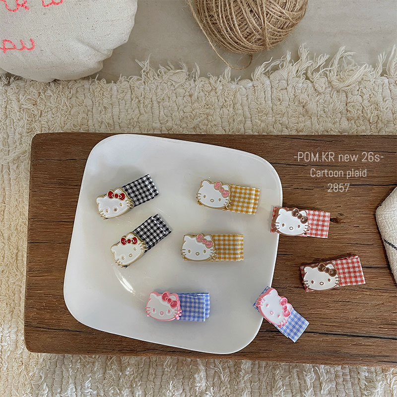 新款韩版甜美格纹kt卡通发夹手工儿童侧边碎发刘海夹对装鸭夹发饰
