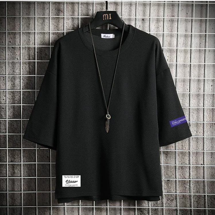 Summer three-quarter sleeve T-shirt for men, short-sleeved, oversized, loose five-quarter sleeve, mid-sleeved, and half-sleeved top for fat guys