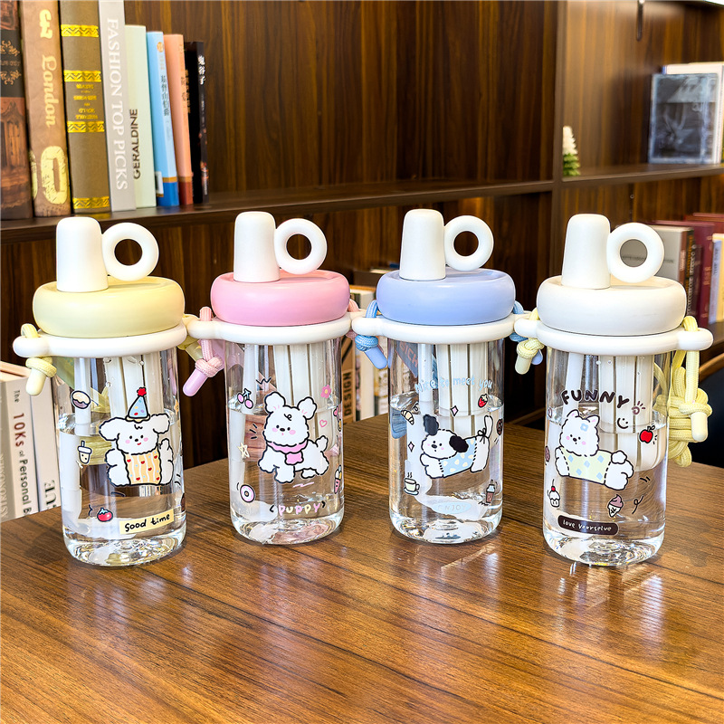 Cute and adorable drinking straw cup, cartoon dog, plastic water cup, girls' high school appearance level, summer crossbody children's portable cup Specification image