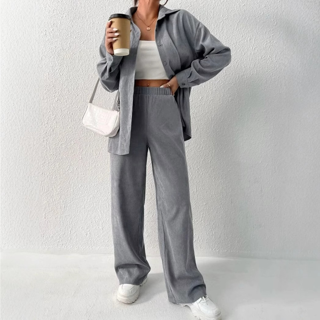 European and American women's clothing 2023 Autumn new collection: Solid color long-sleeved shirt coat, wide-leg long pants, casual two-piece set Application Scenario
