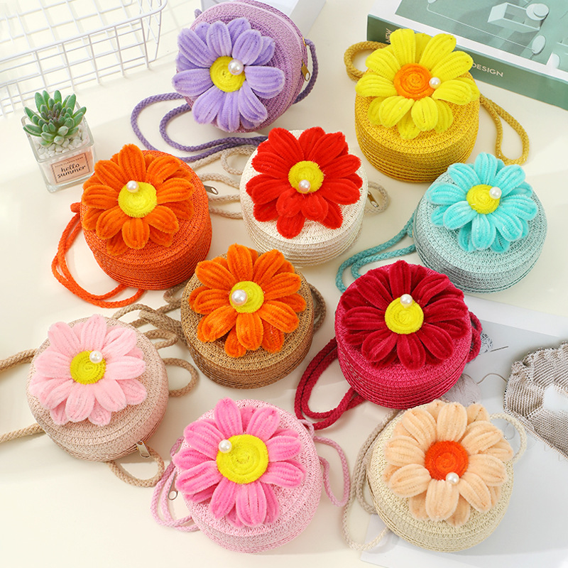 Verano playa playa bolso de paja tejido mujer crossbody 2025 nuevo idílico flor niños bolso de paja cute