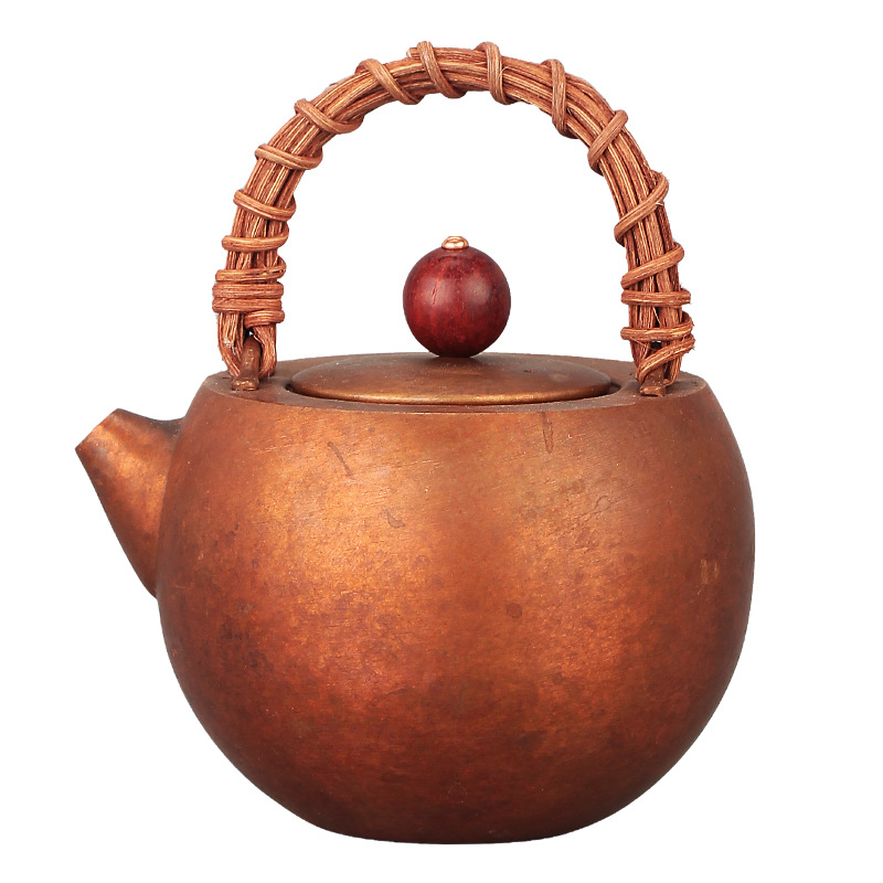 Pure purple copper rattan handle teapot, handcrafted kung fu teapot, retro small-capacity household kettle, outdoor boiling teapot Item Picture