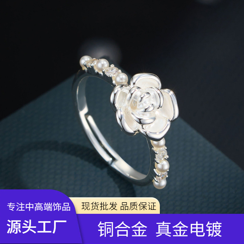 Origen fábrica esmalte tridimensional camelia anillo abierto aleación de cobre chapado de oro real sentido superior anillo ajustable