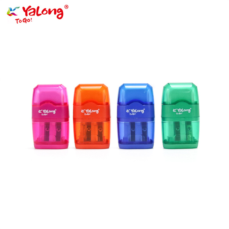 The fancy plastic pen sharpener features a double-hole color design and is multi-functional, serving both as an eraser and a pencil sharpener