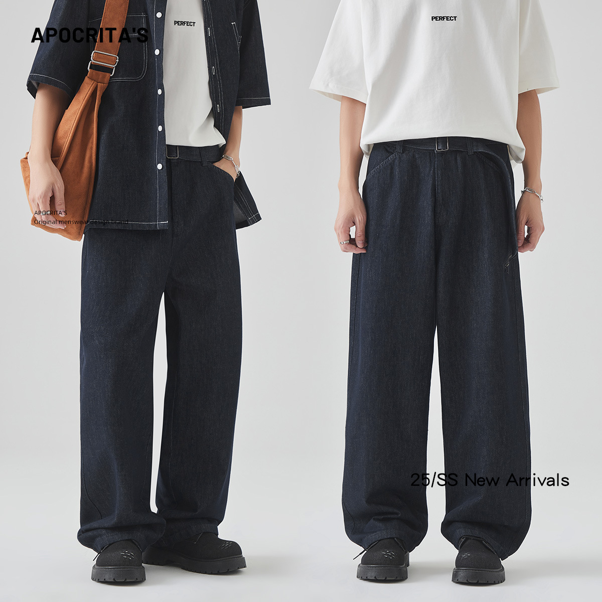 APO Men's Wear: Summer American straight-leg cleanfit jeans for men, stylish and trendy loose trousers with a belt details Picture