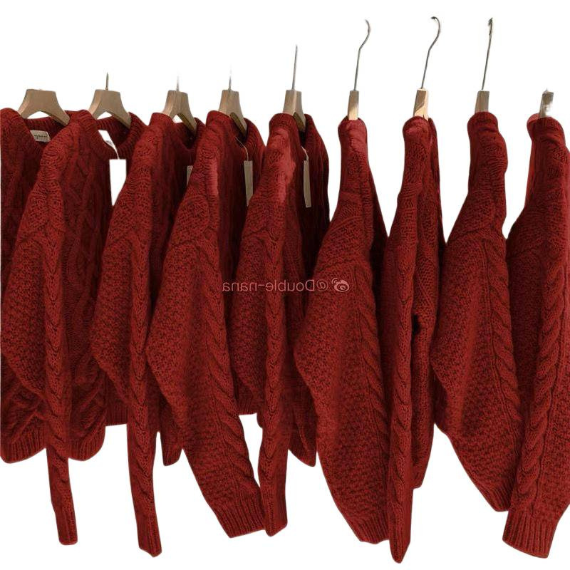 A large-sized red tweed sweater for Christmas and New Year, thick and loose for women, and a laid-back pullover sweater for autumn and winter Item Picture