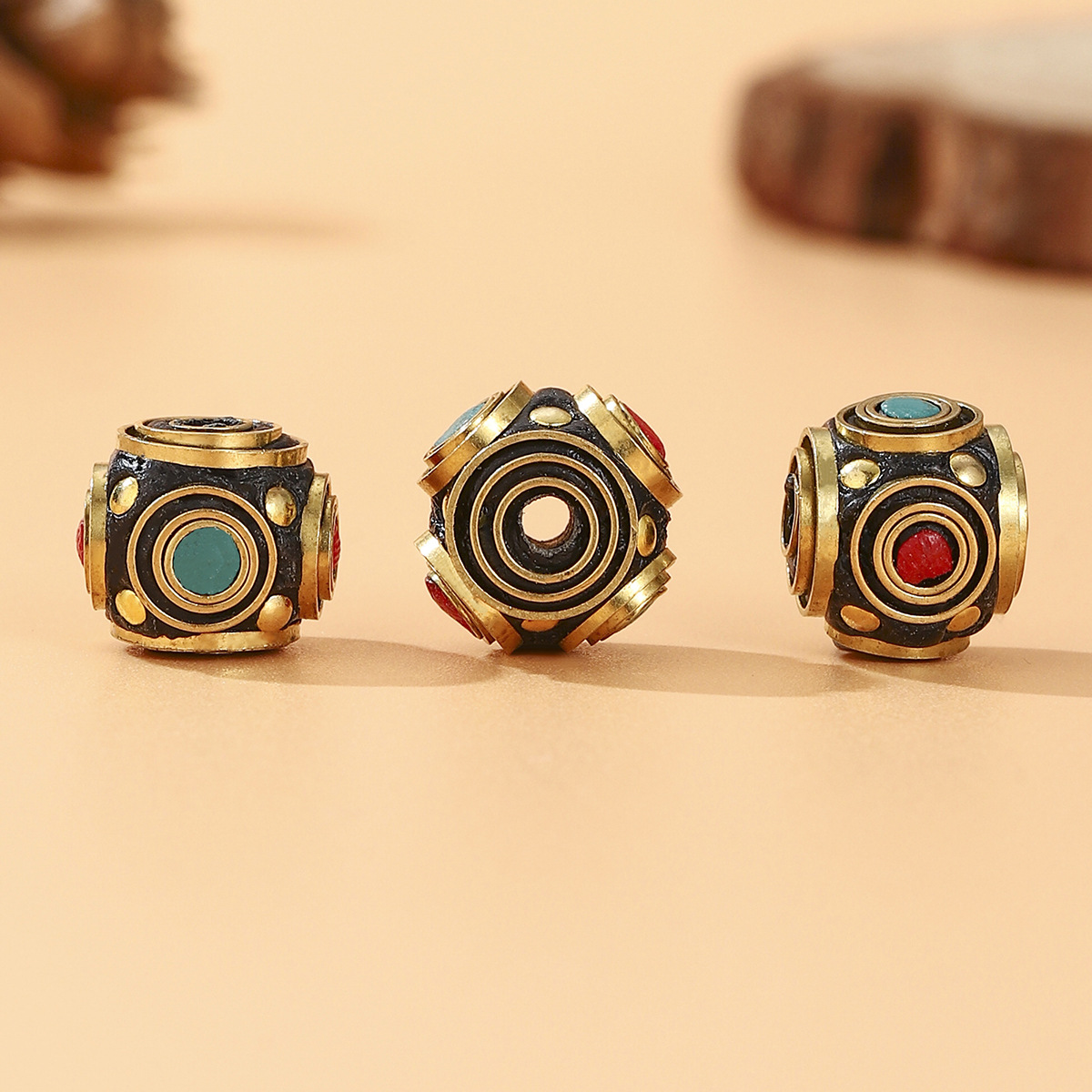 2025 New Tibetan-Nepalese copper bead separator, retro handcrafted red and green stone bucket bead DIY jewelry accessory