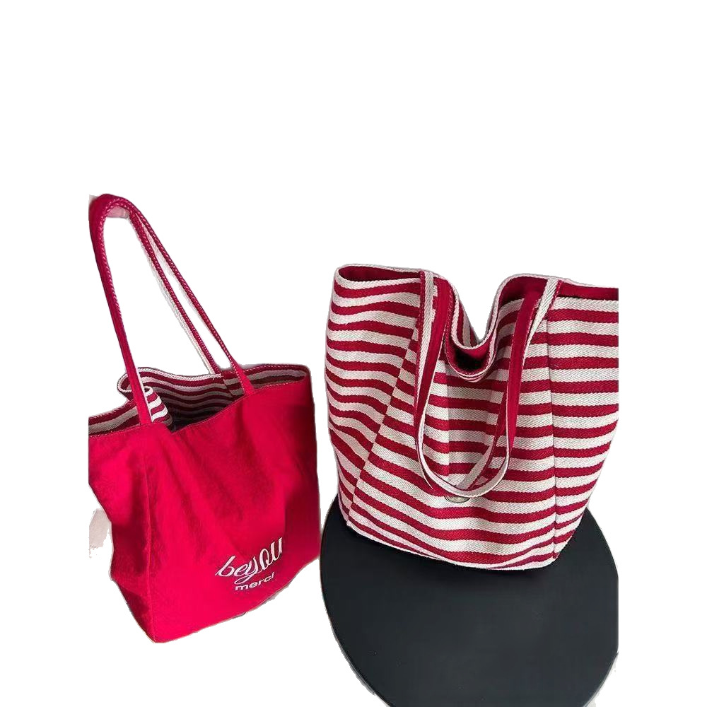 Cross-Border Canvas Bag, Striped Canvas Bag, Tote Bag, Student Large-Capacity Casual Shoulder Bag, Fashionable Casual Bag, Fashionable Simple Handbag, Canvas Bag Item Picture