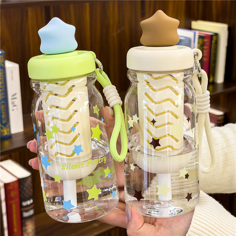 Star Language Bubble Straw Cup, cute cartoon handle portable plastic water cup for children and students, girls' high school appearance level gift cup details Picture