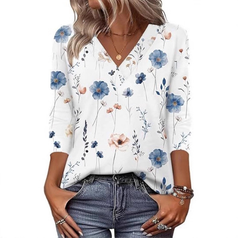 20-color cross-border European and American women's clothing Amazon 2026 autumn loose and casual printed long-sleeved V-neck T-shirt top Specification drawing