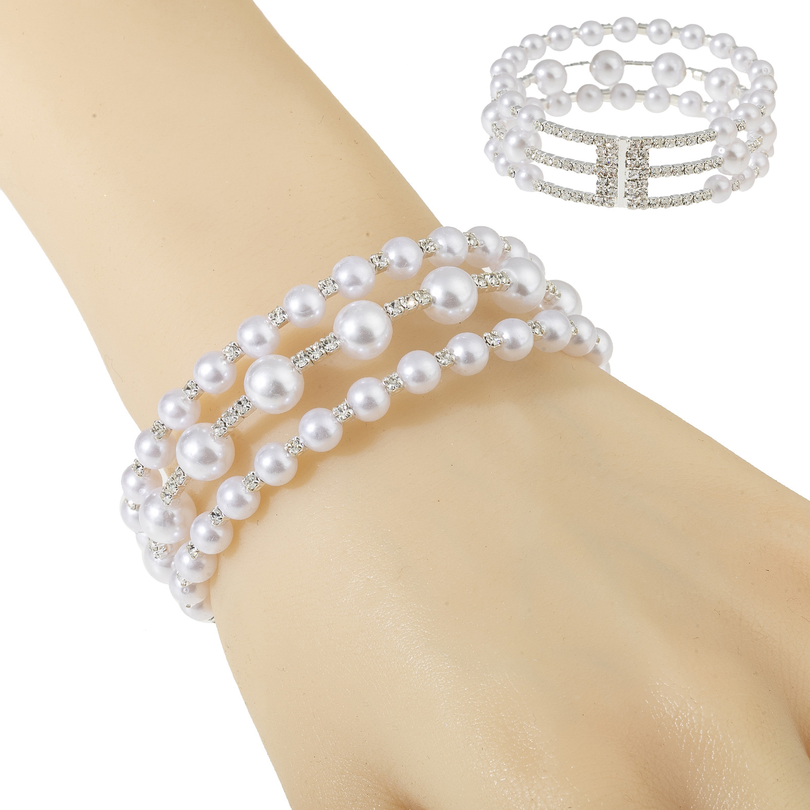 Korean-style fashionable steel wire elastic 3-row bracelet, bride's wedding water diamond pearl open bracelet, cross-border European and American elegant jewelry details Picture