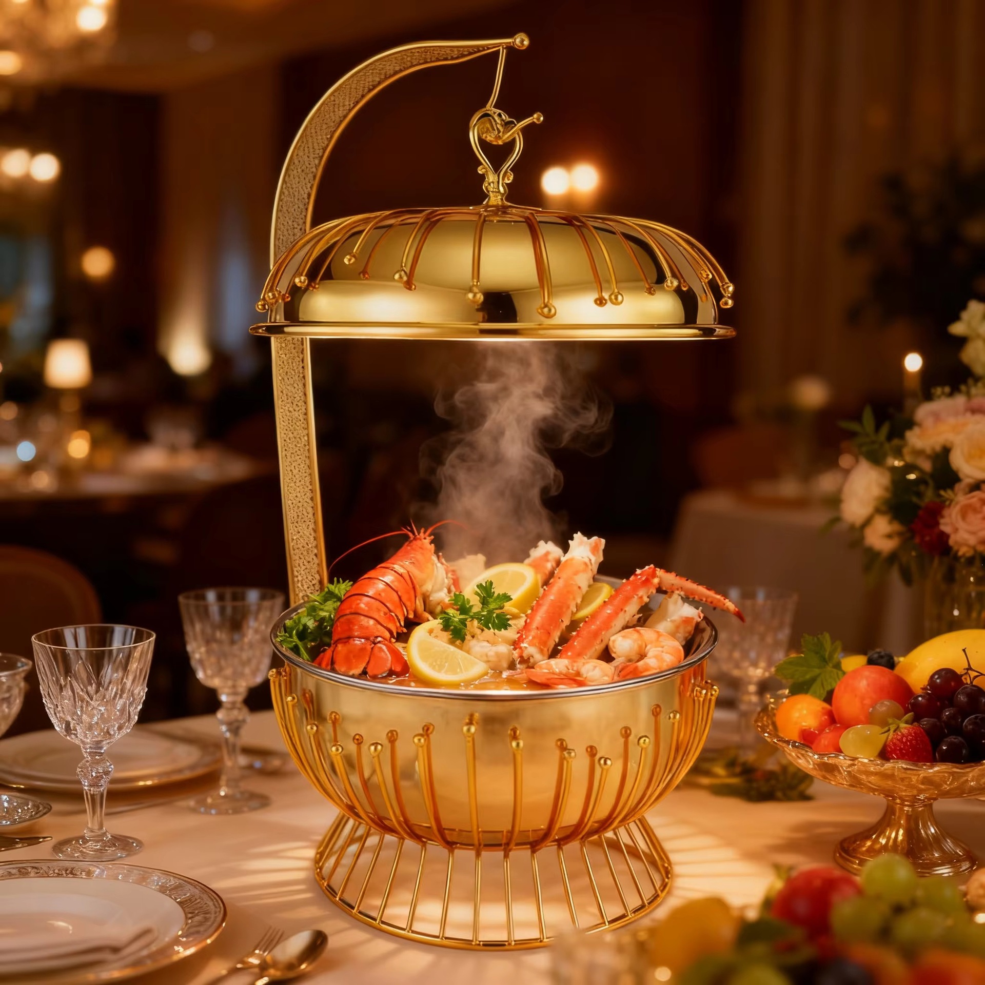 The hotel restaurant party features a new design of 8L stainless steel beaded hanging stove with multi-color buffet and fuel heating details Picture