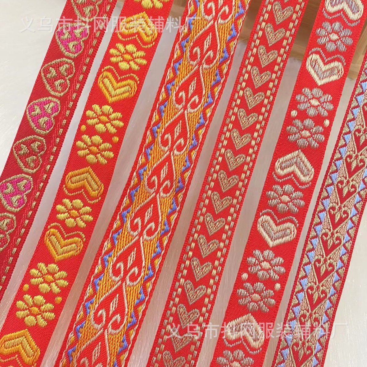 1.7- 2.5cm, bright red, festive, ethnic-style jacquard embroidery, webbing, hair accessories, headwear, performance costume accessories, lace Specification image