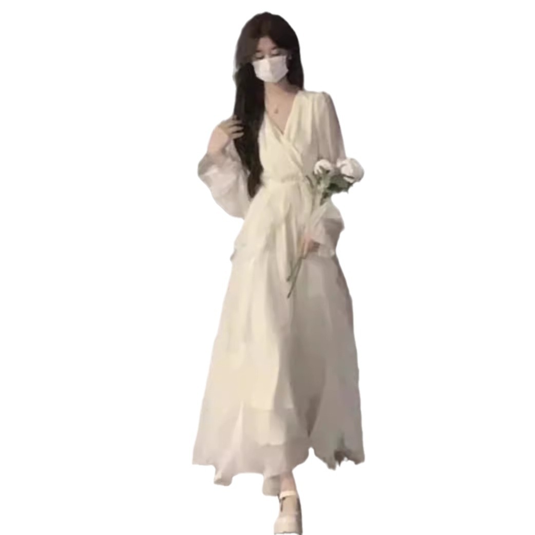 Gentle style, white moonlight dress, fairy-like, super fairy-like, high-end, French style, early autumn pure apricot long-sleeved dress Item Picture