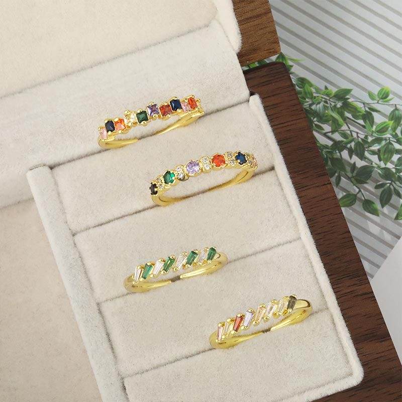 ins Simple and light luxury colored Zircon ring for women, double-layer geometric series, 18k gold-plated open adjustable ring Specification image
