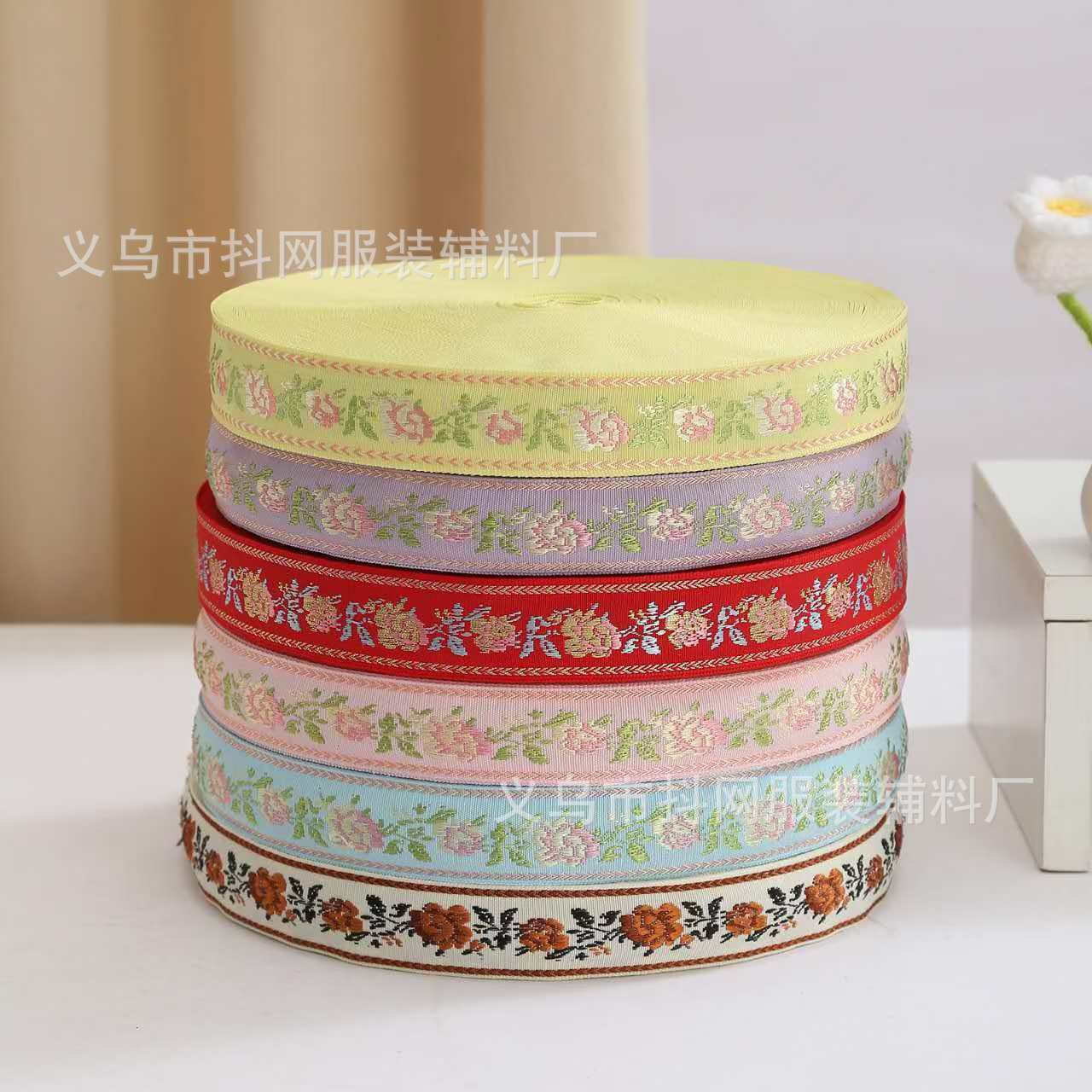 2.5 cm gold rose ethnic style embroidered jacquard webbing, DIY ethnic clothing accessory lace details Picture
