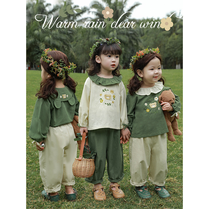 吾里卜一女童春秋衬衫套装2026新款田园风宝宝卡通刺绣马甲休闲裤