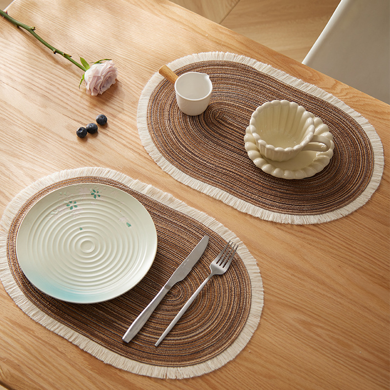亚马逊SHIEN电商热卖日式餐桌垫隔热垫流苏须边编织椭圆涤棉餐垫
