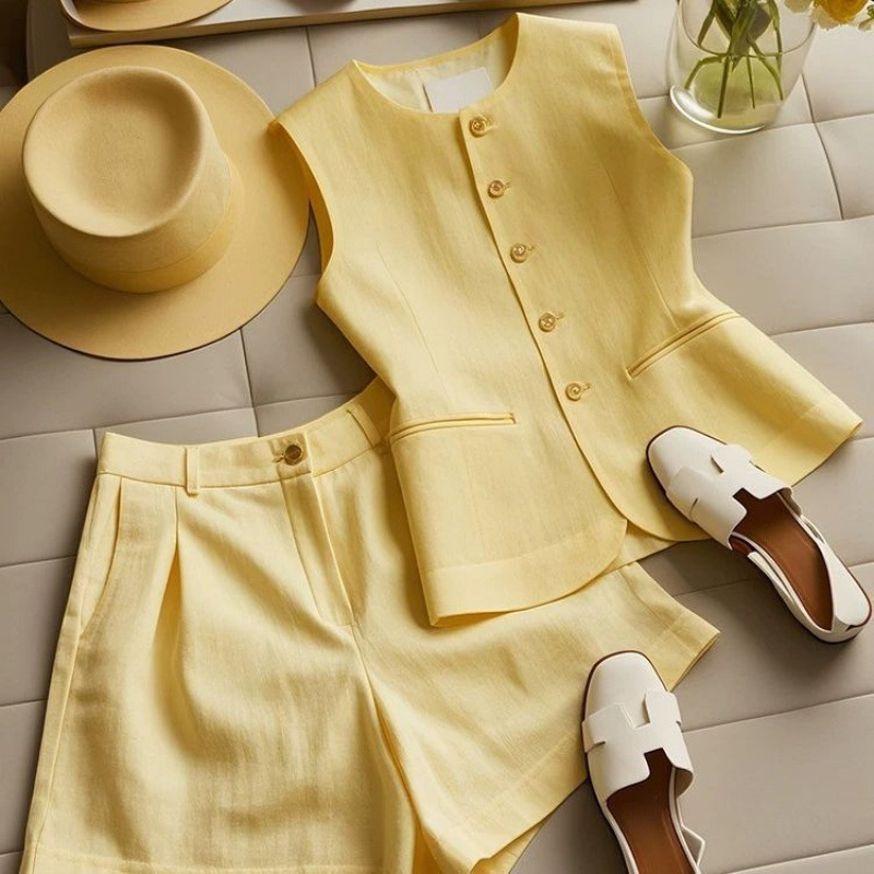 2026 stylish summer outfits paired with petite European products, a trendy and youthful, high-end yellow vest and shorts set details Picture
