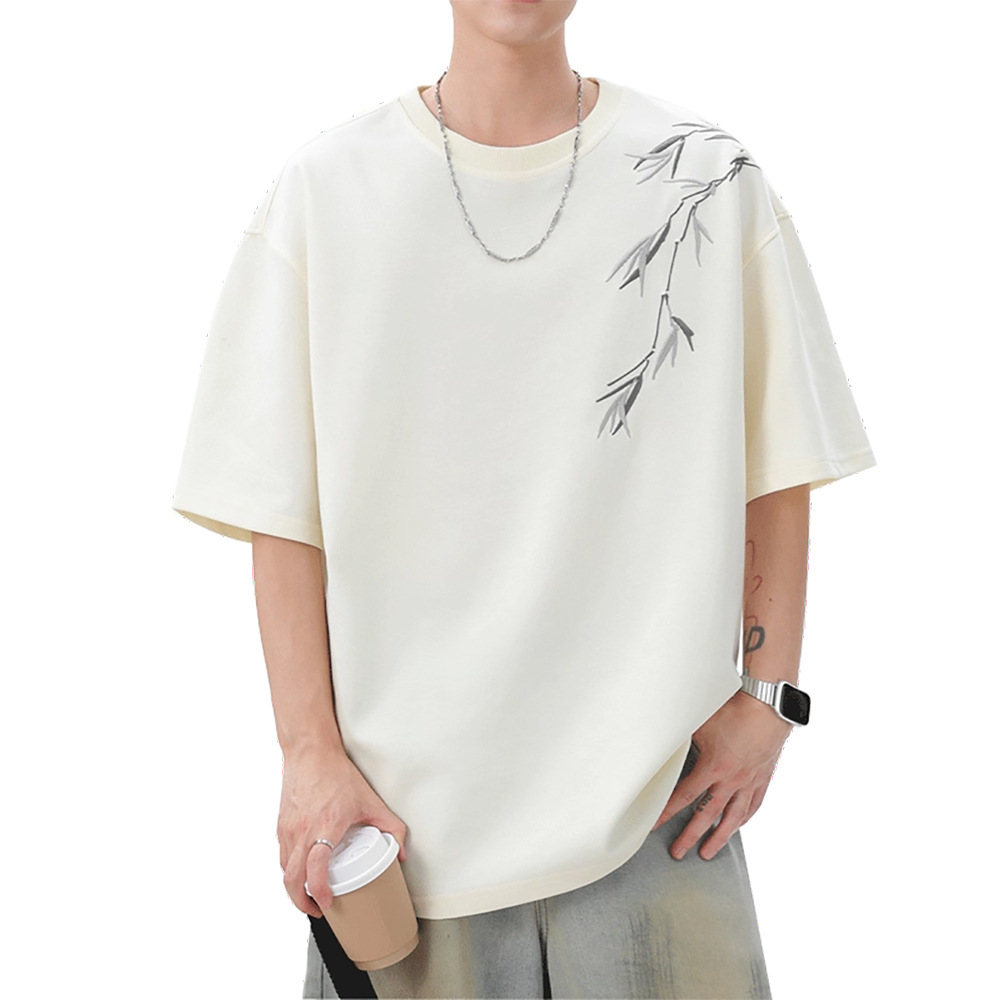 Beige short-sleeved T-shirt out of stock, short style with a large U-neck Item Picture