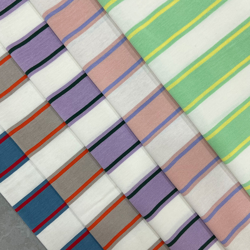 220g trendy brand striped double-yarn fabric 40s cotton double-yarn yarned knitted striped fabric for men's and women's T-shirts Specification image