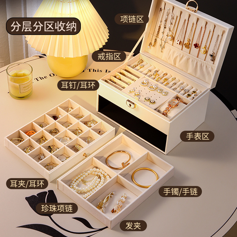 首饰盒三层带锁精致皮革大容量多层收纳首饰多功能家用防尘批发产品图