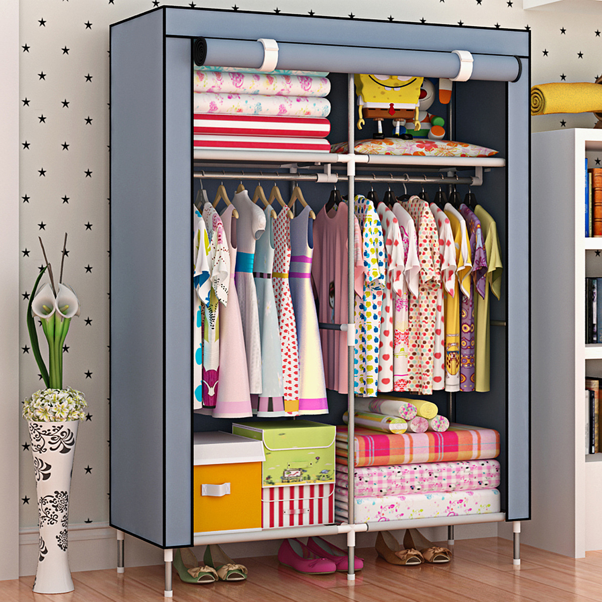 Economical baby clothes storage and organization for rental house, non-woven fabric moisture-proof steel pipe simple thickened and thickened fabric wardrobe Specification image