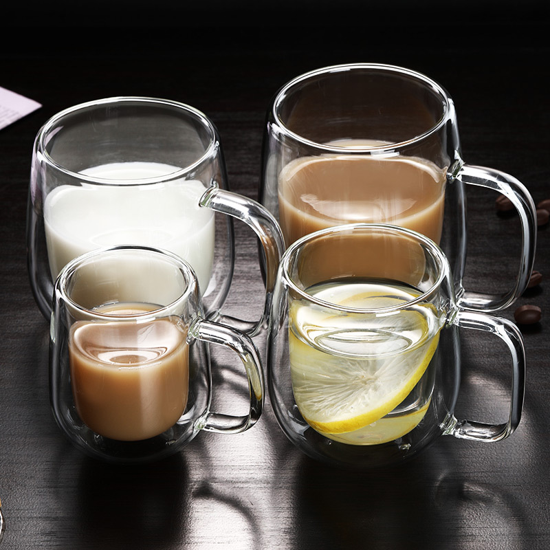 Customizable glass cups, double-layer insulated mugs, household cold drink milk cups with handles, glass coffee double-layer cups details Picture