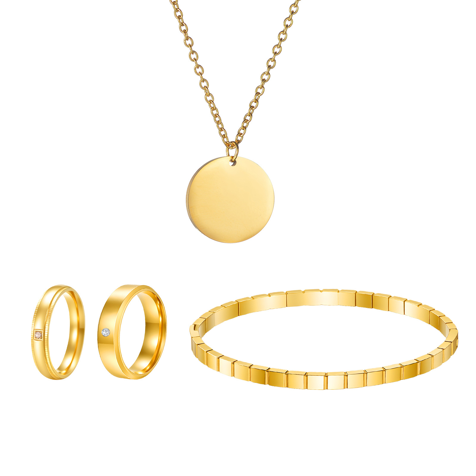 Three fashionable stainless steel rings, bracelets and necklaces with diamond-encrusted designs for cross-border European and American women Item Picture